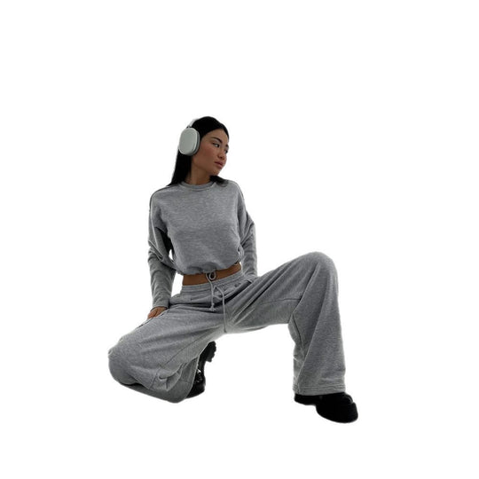 Damen Kurzes Tunnelzug-Sweatshirt mit geripptem Saum und lässiger High‑Waist‑Jogginghose EB