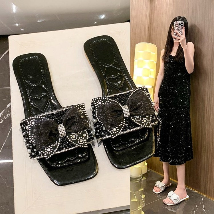 Damen elegante Slides mit glamouröser Schleifenverzierung EB