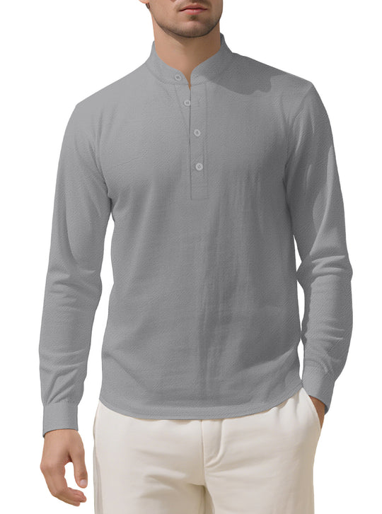 Herren nan Nehru-Kragen-Henley aus Baumwollstretch mit verdeckter Knopfleiste und schmaler Passform EB