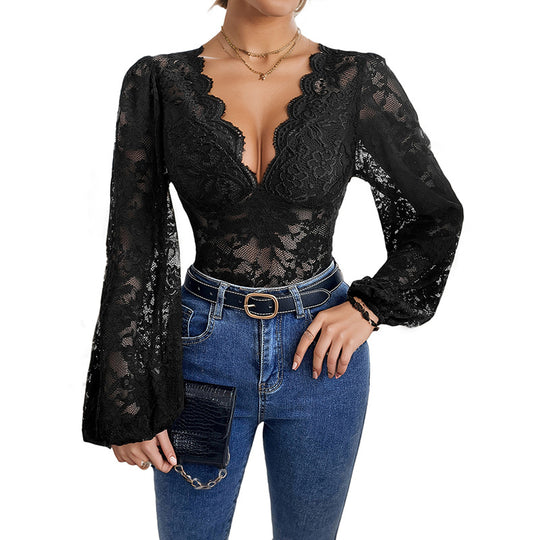 Damen Elegant-taillierter Spitzen-Body im Corsagenstil mit tiefem Herz-Ausschnitt EB