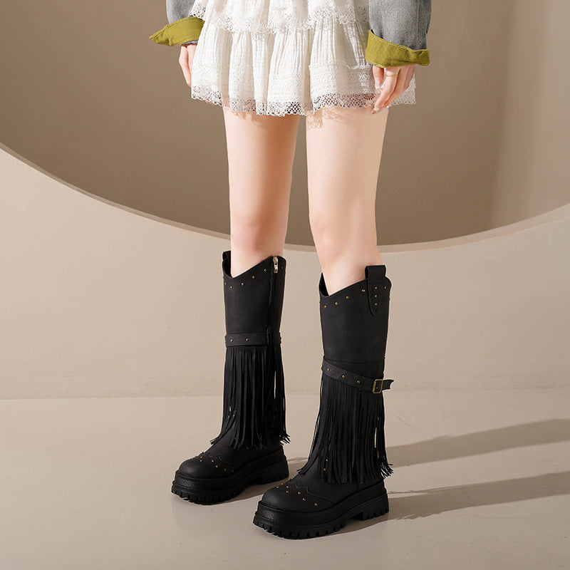 Damen Overknee-Stiefel mit modischem Fransen-Design und robustem Profil EB