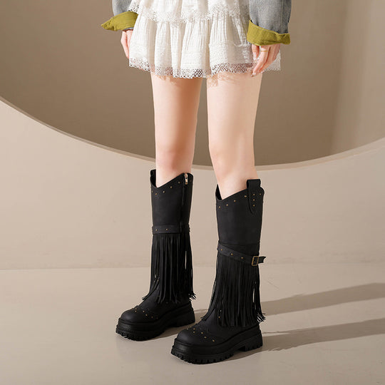Damen Overknee-Stiefel mit modischem Fransen-Design und robustem Profil EB