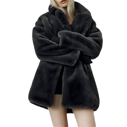 Damen Flauschiger Oversized-Kunstpelzmantel mit tiefem Revers EB