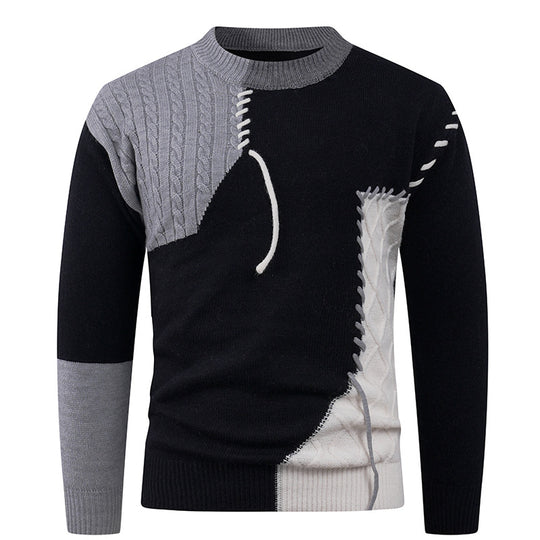 Herren nan Patchwork-Strickpullover mit Zopfstrick-Einsätzen und dekorativen Nahtapplikationen EB