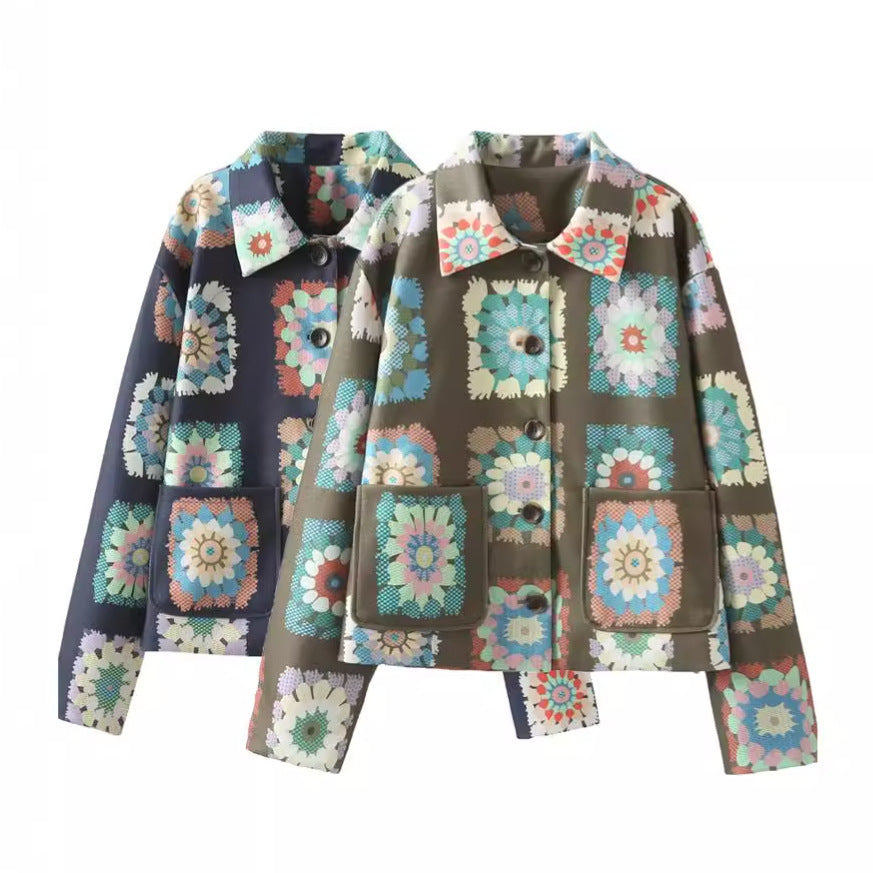 Damen modische Jacke mit floralem Muster und praktischen Taschen EB