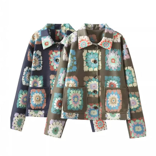 Damen modische Jacke mit floralem Muster und praktischen Taschen EB