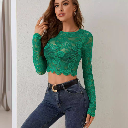 Damen Elegantes Spitzenoberteil mit langem Arm und ausgefallener Schnittführung EB
