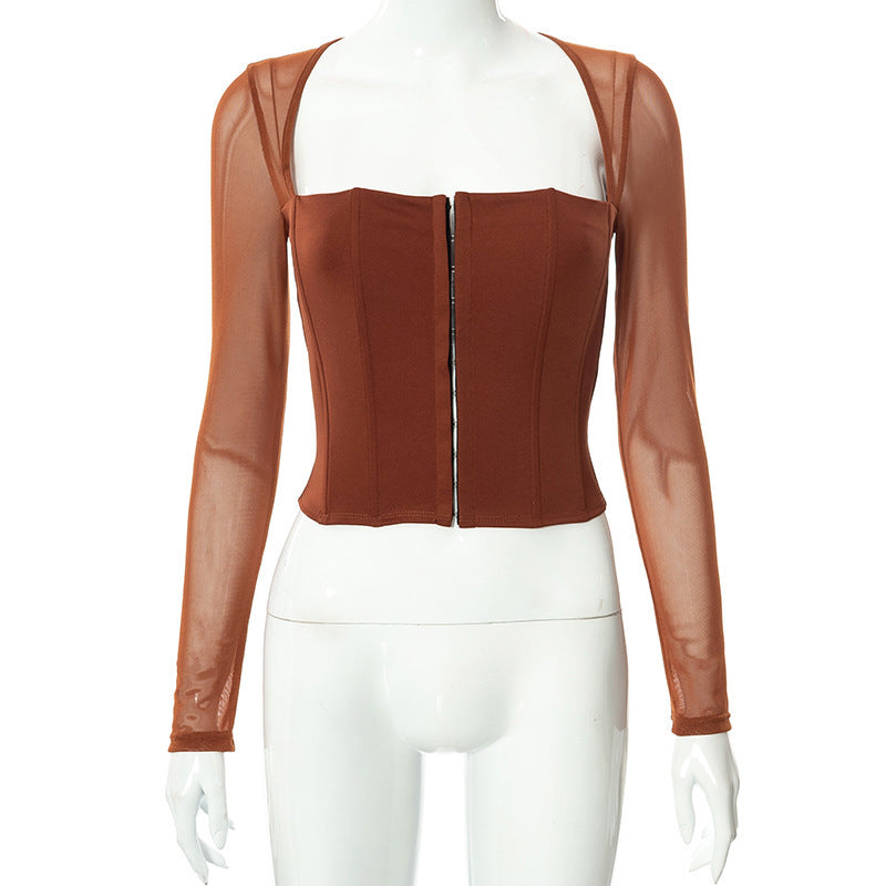 Damen Cropped Oberteil mit transparenten Ärmeln und strukturiertem Schnitt EB