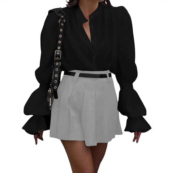 Damen Bluse mit eleganten Puffärmeln und zeitlosem Stehkragen EB
