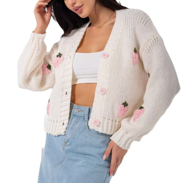 Damen Strickjacke mit floralem Stickdesign und geripptem Bund EB