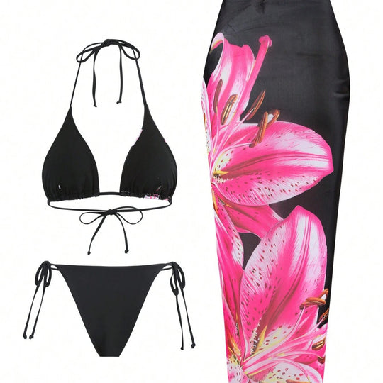 Damen Bikini-Set mit floralem Muster und passendem Wickelrock EB