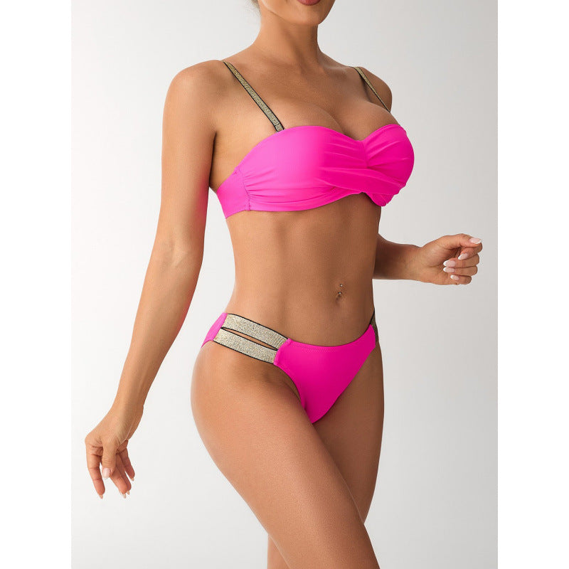 Damen Bandeau Bikini mit elegantem Wickeldetail und sportlichen Akzenten EB
