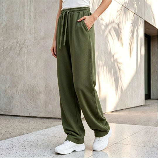 Damen nan weite Loungepalazzo-Hose mit hohem Komfortbund, Kordelzug, seitlichen Eingrifftaschen und dekorativer Seitennaht EB