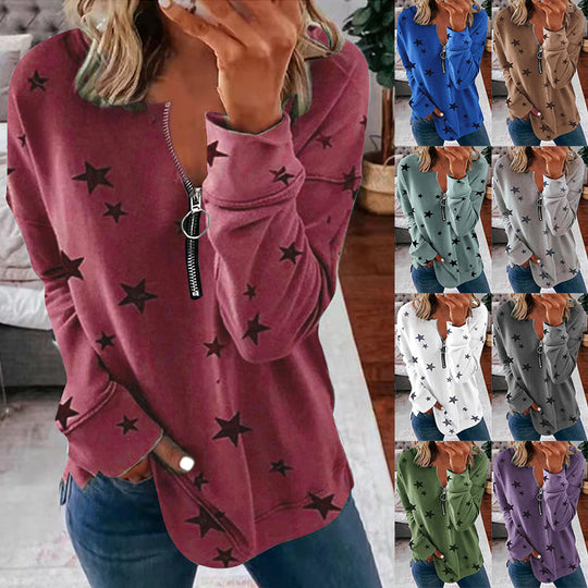 Damen Lässiger Sweatshirt mit Reißverschluss und Sternenmotiv EB