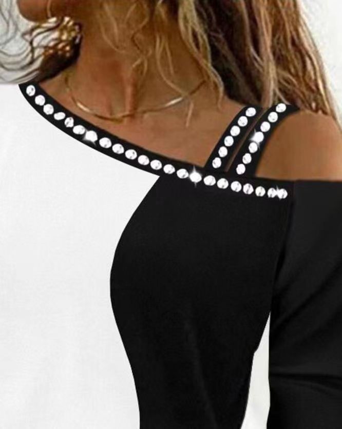 Damen Trendy Asymmetrisches Oberteil mit Strassbesatz EB