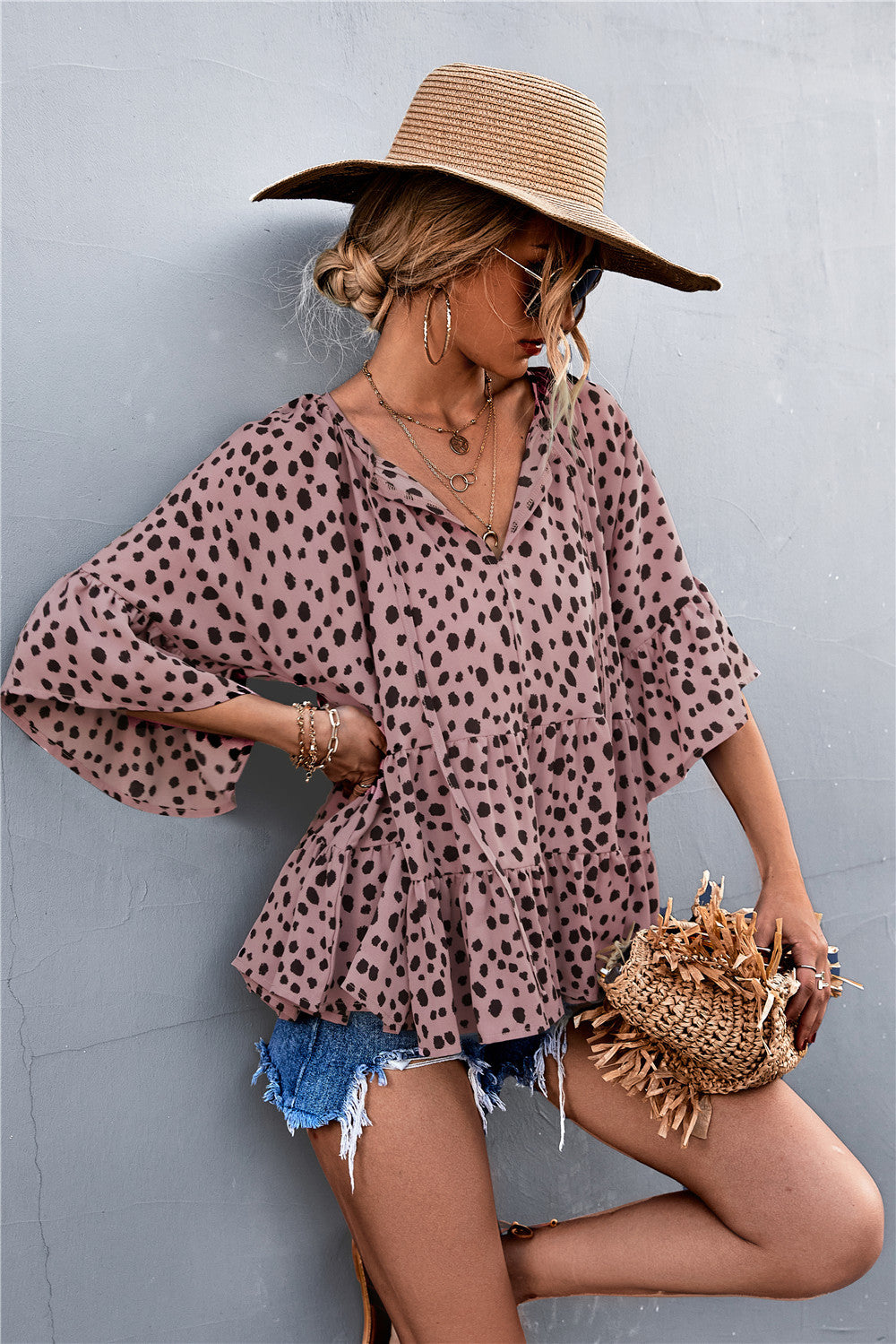 Damen lässige Bluse mit voluminösen Ärmel und modischem Punktmuster EB
