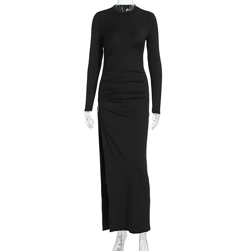 Damen elegantes, figurbetontes Kleid mit Raffungen und hohem Schlitz EB
