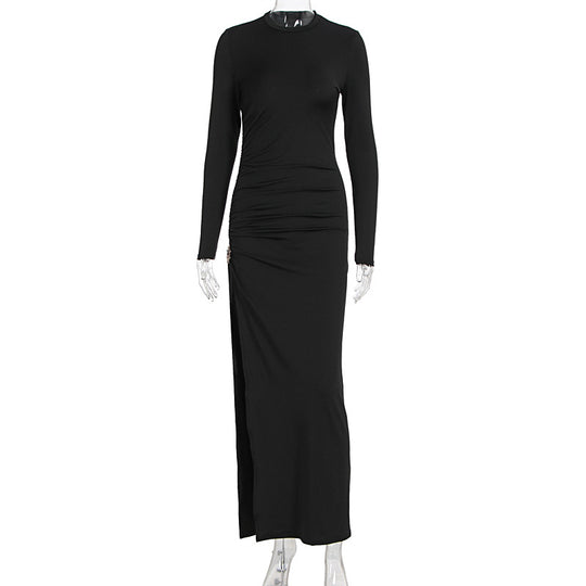 Damen elegantes, figurbetontes Kleid mit Raffungen und hohem Schlitz EB
