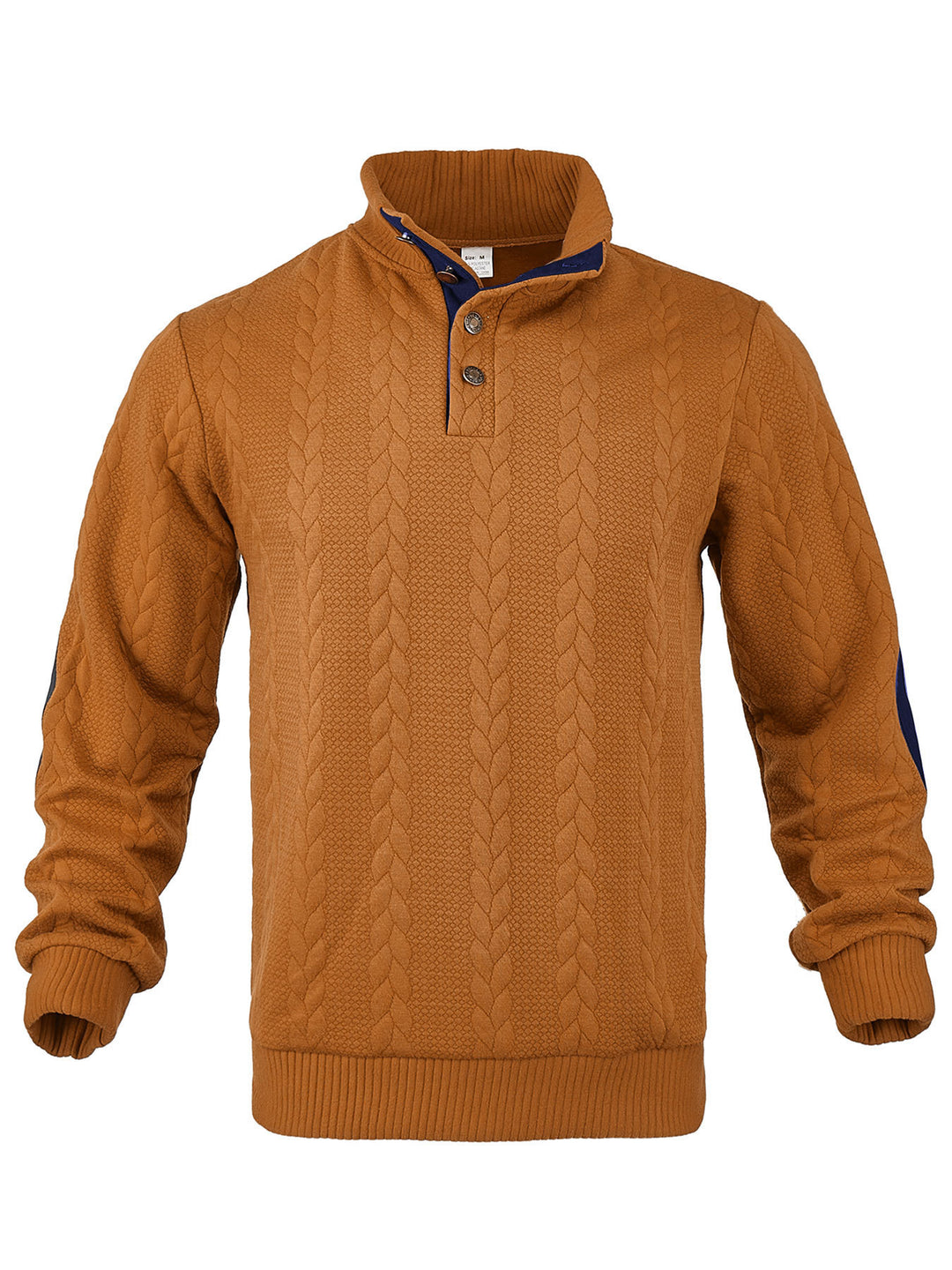 Herren nan Zopfmuster-Halbknopf-Pullover mit hohem Stehkragen und Wildleder-Ellbogenpatches EB