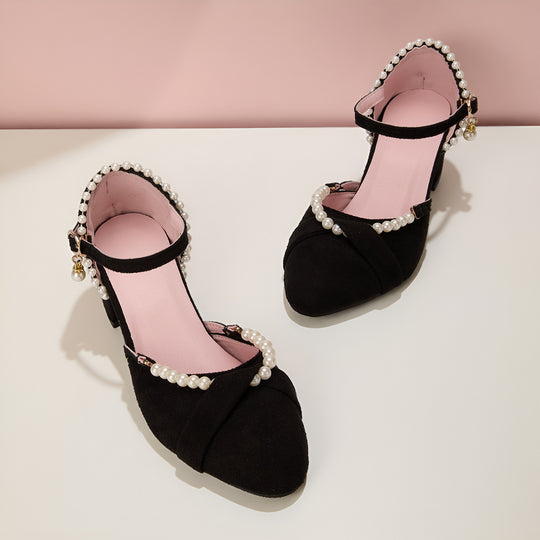 Damen Elegante Absatzsandalen mit zarter Perlenverzierung und komfortablem Blockabsatz EB