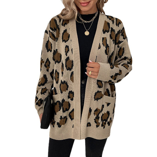 Damen modische Strickjacke mit Leopardenmuster und praktischen Taschen EB