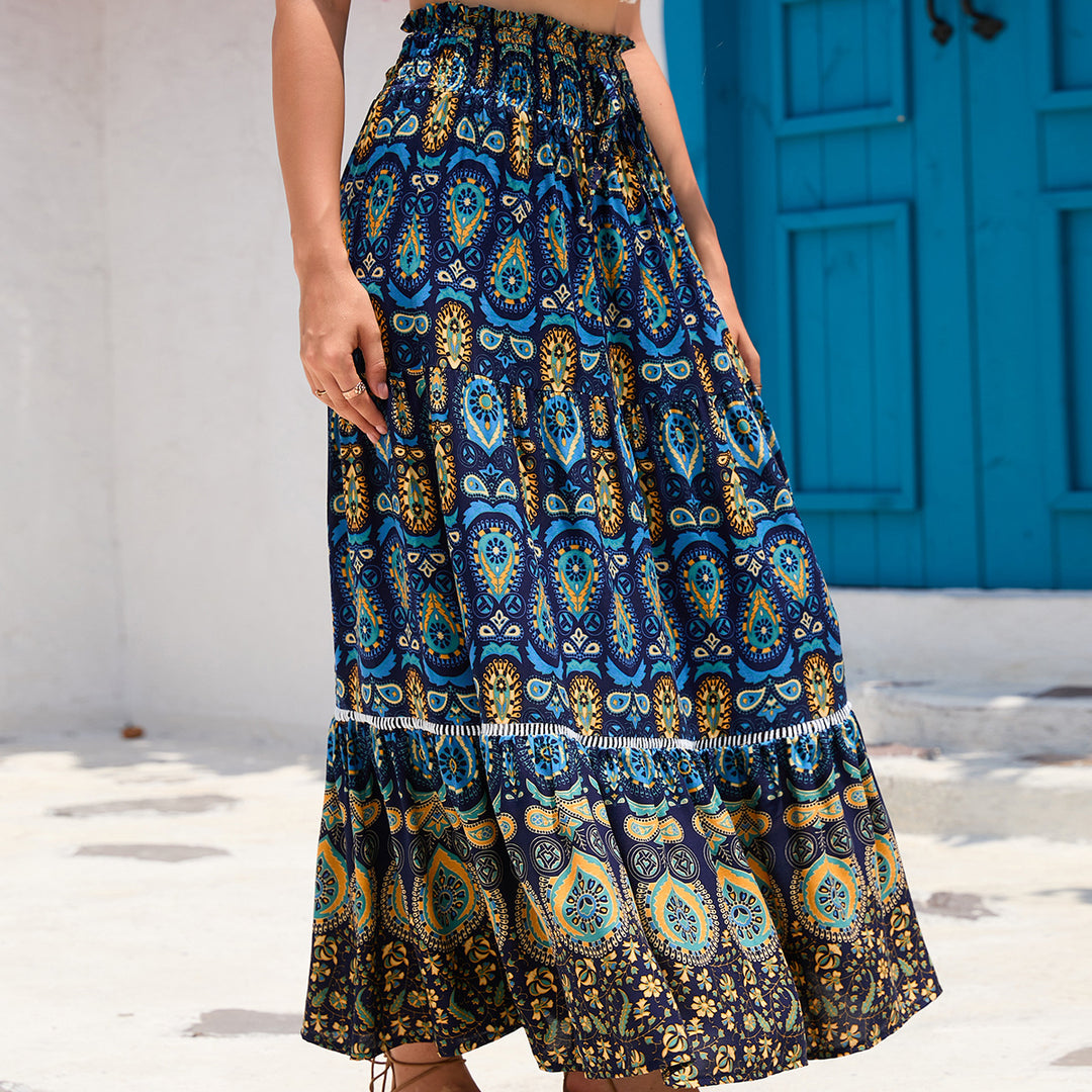 Damen nan Maxirock im Boho‑Stil mit Stufen, gerafftem Elastikbund und Paisley‑Print EB