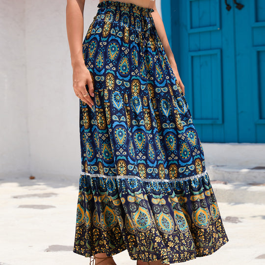 Damen nan Maxirock im Boho‑Stil mit Stufen, gerafftem Elastikbund und Paisley‑Print EB