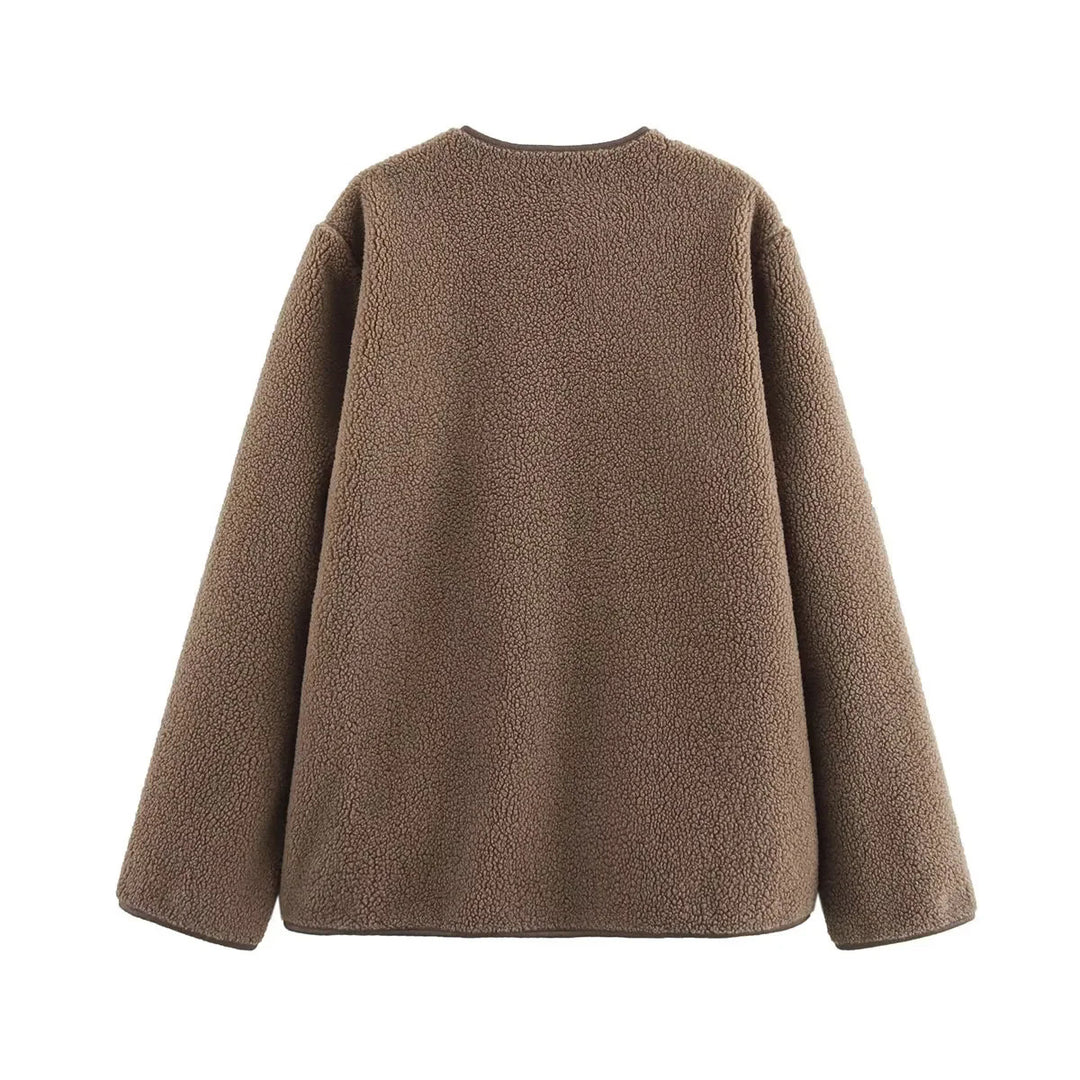 Damen kuschelige Teddyjacke mit praktischen Taschen und Knopfverschluss EB