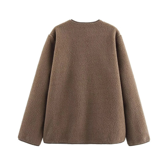 Damen kuschelige Teddyjacke mit praktischen Taschen und Knopfverschluss EB