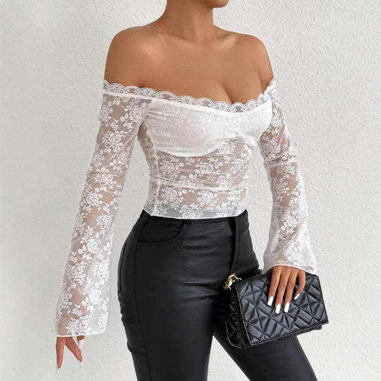 Damen Spitzenoberteil mit schulterfreiem Design und eleganten Trompetenärmeln EB