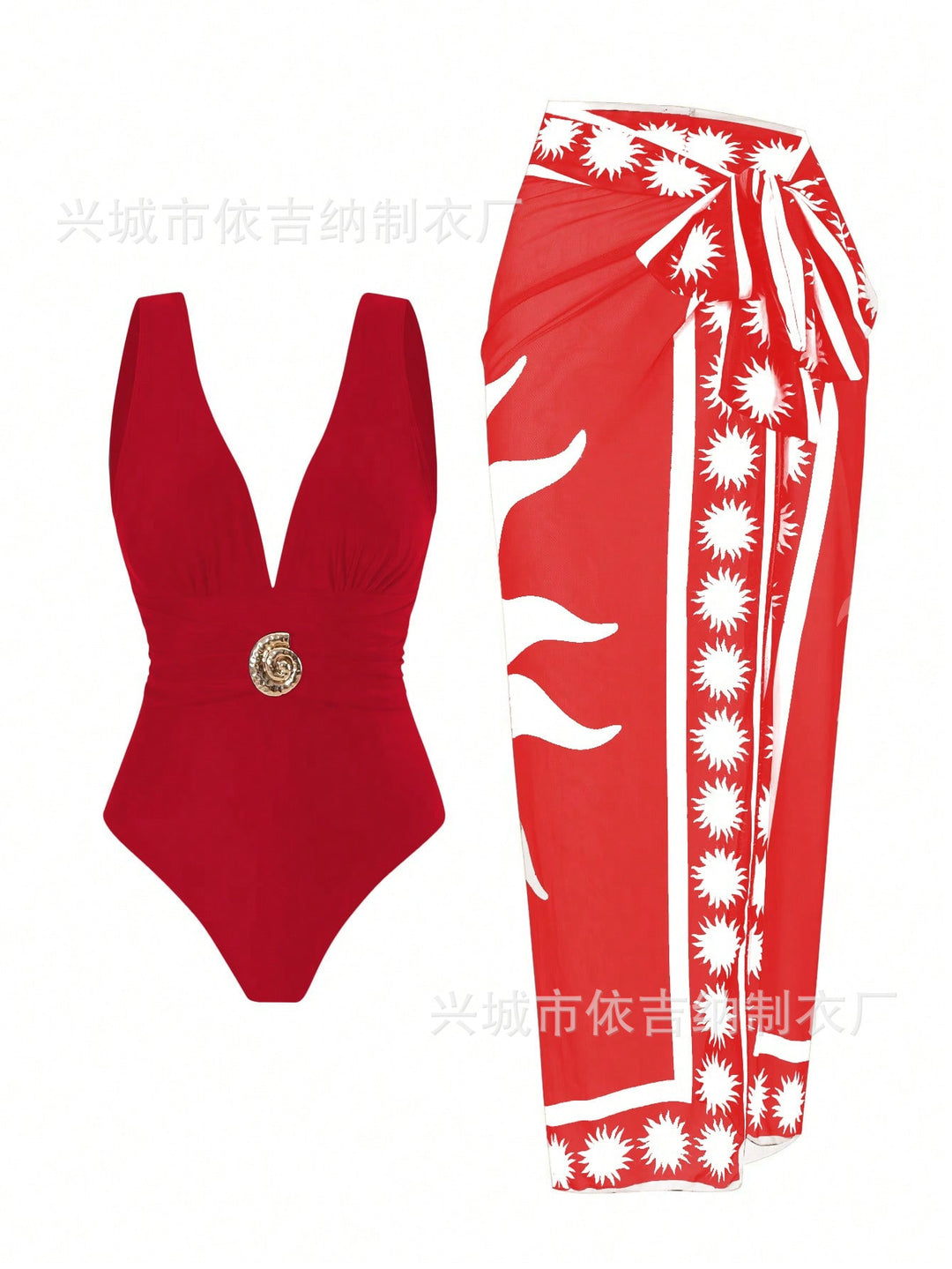 Damen Badeanzug mit femininem Wickelrock und elegantem Schmuckdetail EB