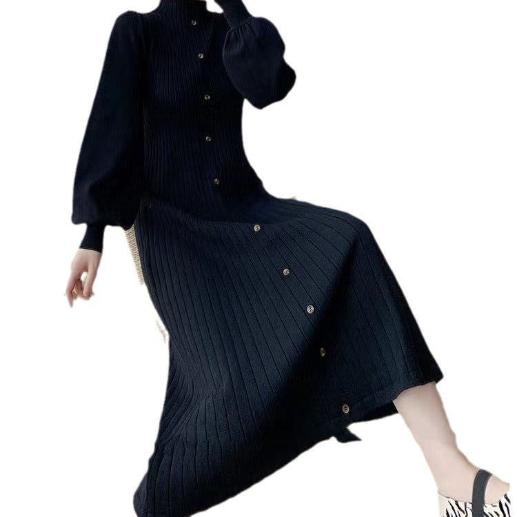 Damen Elegantes, gerippteres Knopfkleid mit langen Ärmeln EB