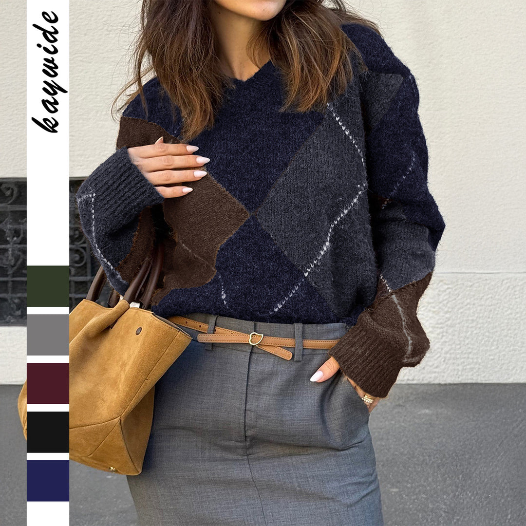 Damen nan oversized Argyle-Strickpullover mit kastigem Schnitt und geripptem Rundhalsausschnitt EB
