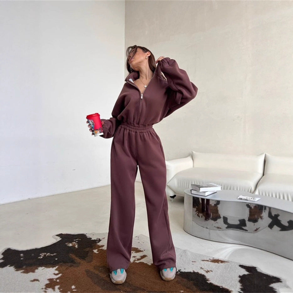 Damen Loungewear-Set mit halbem Reißverschluss, elastischem Taillenbund und weiter Jogginghose EB