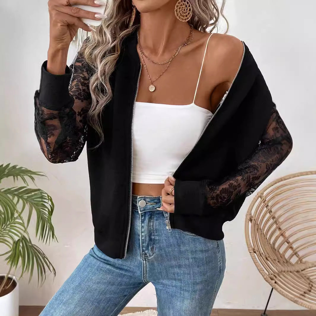 Damen nan leichte Bomberjacke mit floralen Spitzenärmeln und Reißverschluss EB