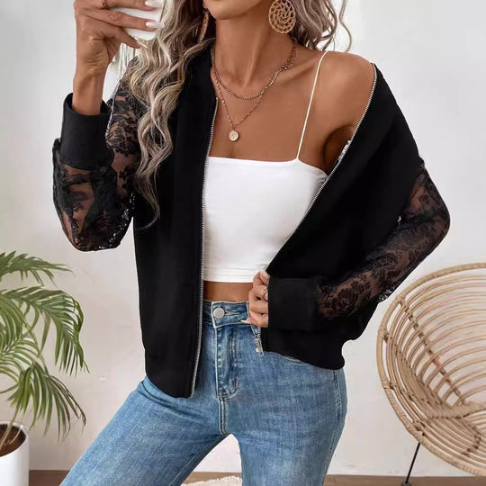 Damen nan leichte Bomberjacke mit floralen Spitzenärmeln und Reißverschluss EB