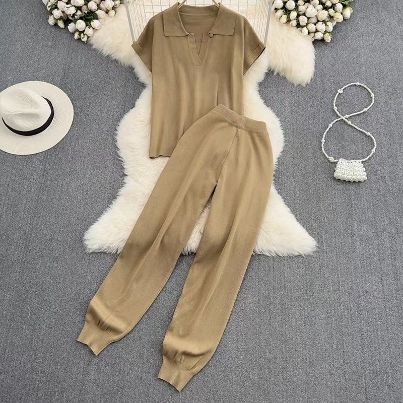 Damen elegantes Lounge-Set mit kurzärmligem Polo und weiten Hosen EB