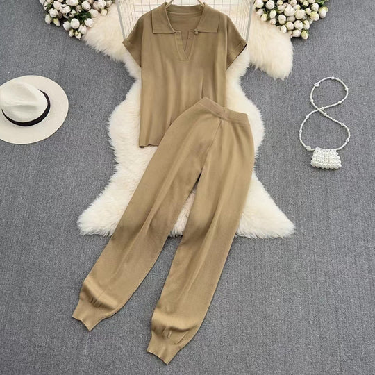 Damen elegantes Lounge-Set mit kurzärmligem Polo und weiten Hosen EB