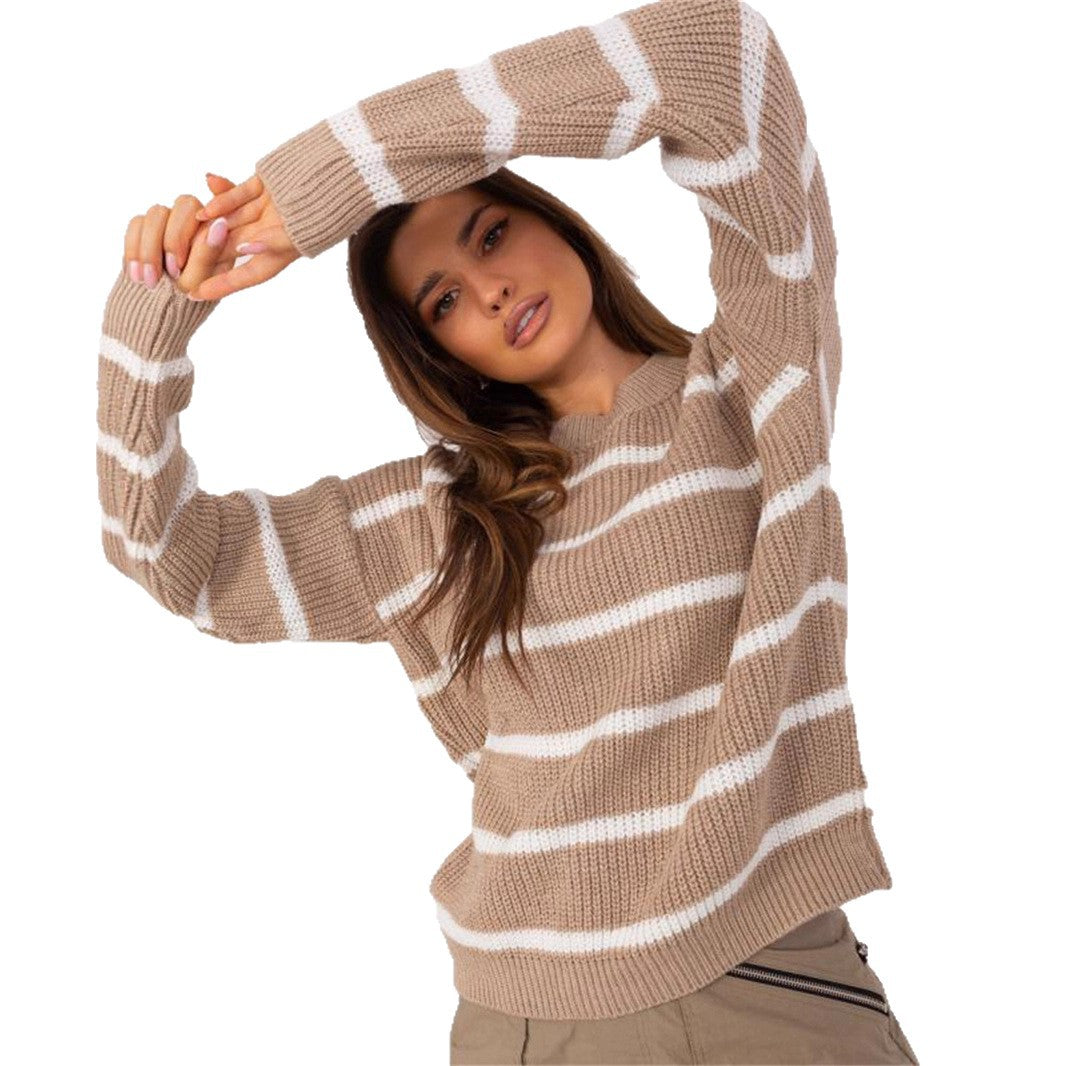 Damen lässiger Strickpullover mit modernem Streifenmuster und weitem Schnitt EB