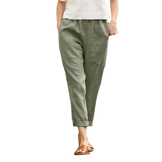 Damen nan leichte Leinenhose mit elastischem Bund, seitlichen Eingrifftaschen und gekrempeltem Saum EB