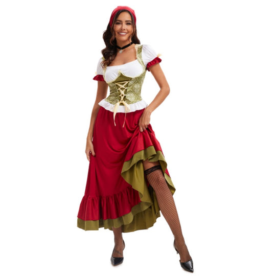 Damen nan kurzes Trachtenkleid im Dirndlstil mit floraler Spitzen-Schürze, geschnürter Miederfront und geraffter Carmenbluse EB