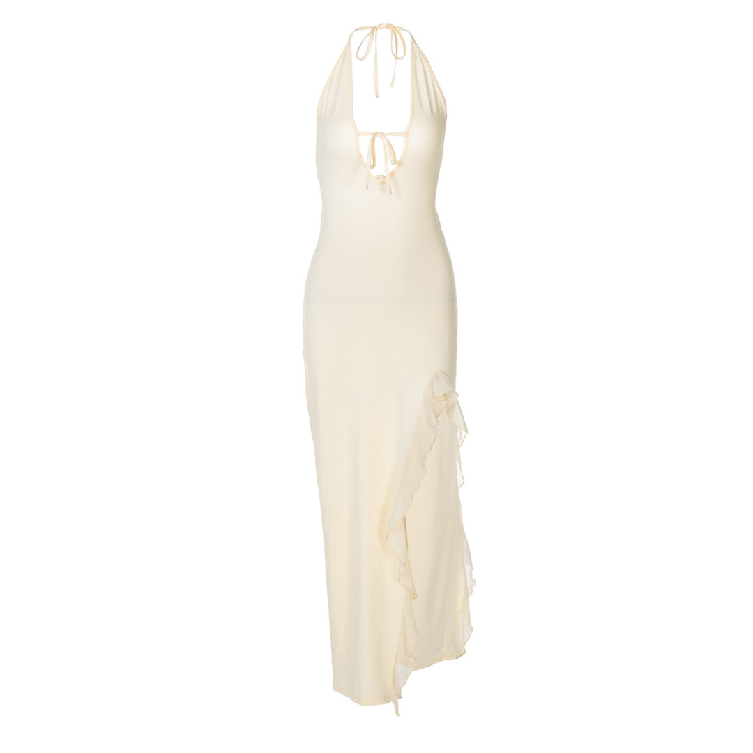 Damen elegantes Halterneck Maxikleid mit seitlichem Rüschen-Schlitz und tiefem V-Ausschnitt EB