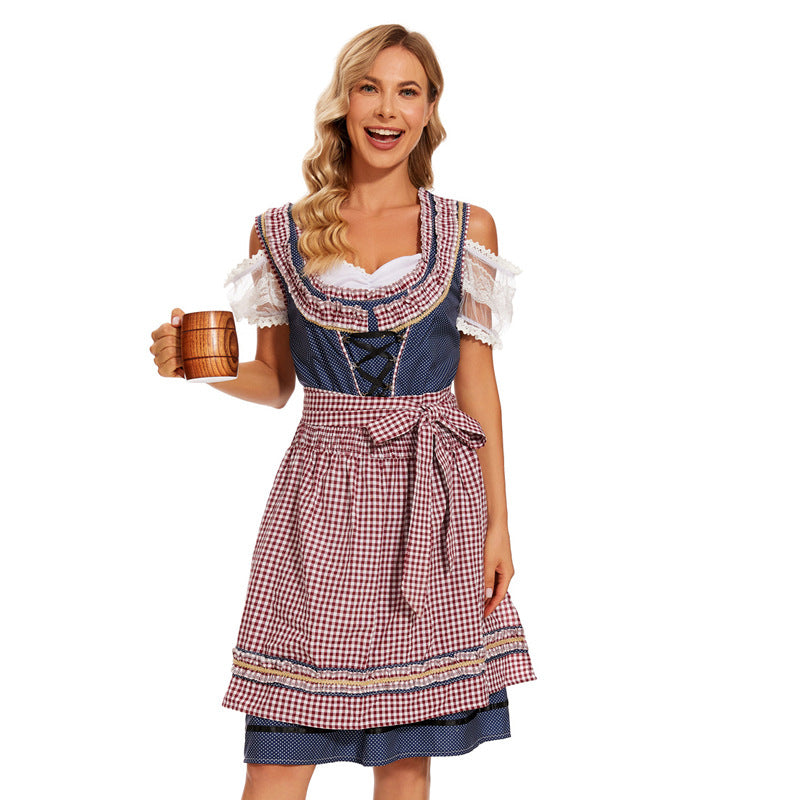 Damen nan traditionelles Dirndlkleid mit kariertem Schürzenrock, Schnürung und Spitzenärmeln EB