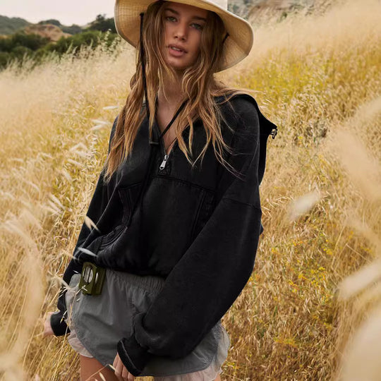 Damen Oversized Sweatshirt mit hohem Kragen und Reißverschluss EB