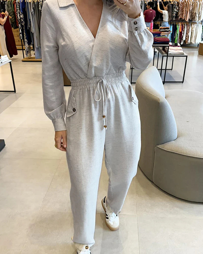Damen Lässiger Jersey-Overall mit Wickelkragen, Kordel-Taille und aufgesetzten Knopf-Taschen EB