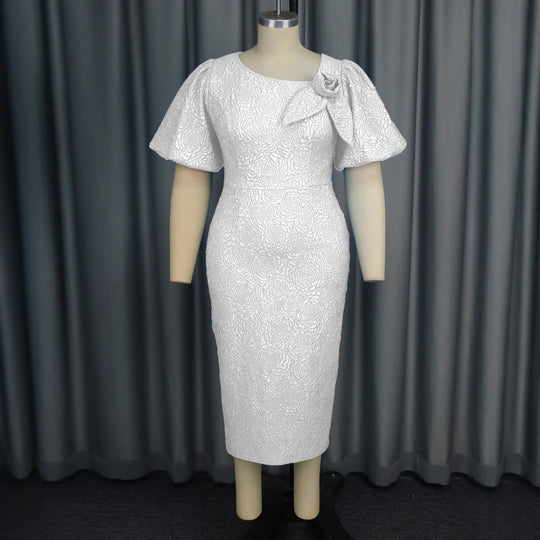 Damen elegantes Etuikleid mit fließenden Puffärmeln und Blumenapplikation EB