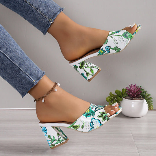 Damen offene Blockabsatz-Sandalen mit floralem Design EB