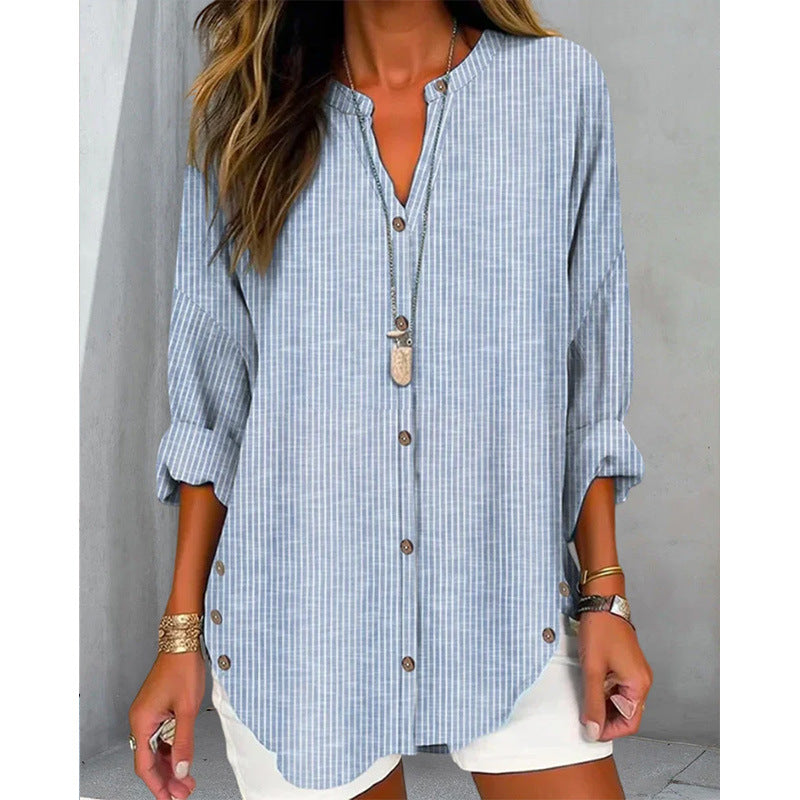 Damen Langarm Blusenshirt mit Knopfleiste und asymmetrischem Saum EB