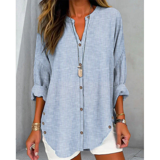 Damen Langarm Blusenshirt mit Knopfleiste und asymmetrischem Saum EB