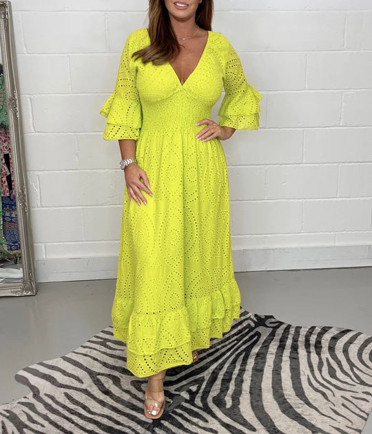 Damen Maxikleid mit floraler Lochstickerei und weiten Ärmeln EB